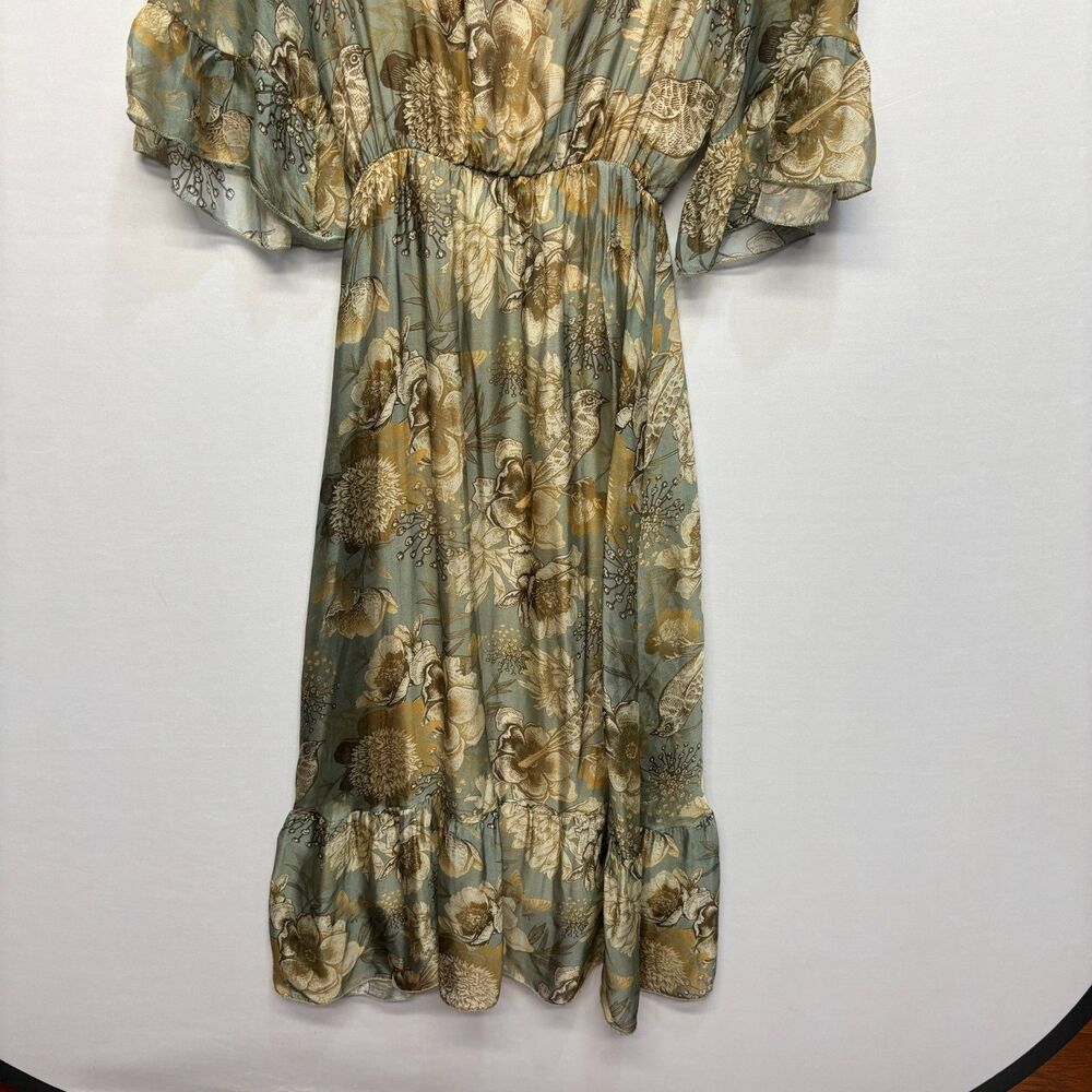 Women's Green Floral Midi Dress with Ruffle Sleeves - Picture 11 of 16